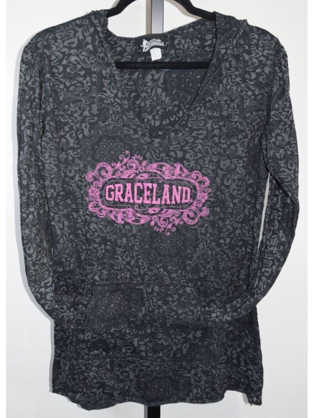Graceland Elvis Presley Burnout Print Hooded Graphic Tee Long Sleeve Size XLarge